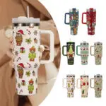 New Christmas Pattern Mug With Handle Lid Straw Drinkware Stainless Steel Vacuum Tumbler Large Capacity Car Travel Coffee Cup - Image 2